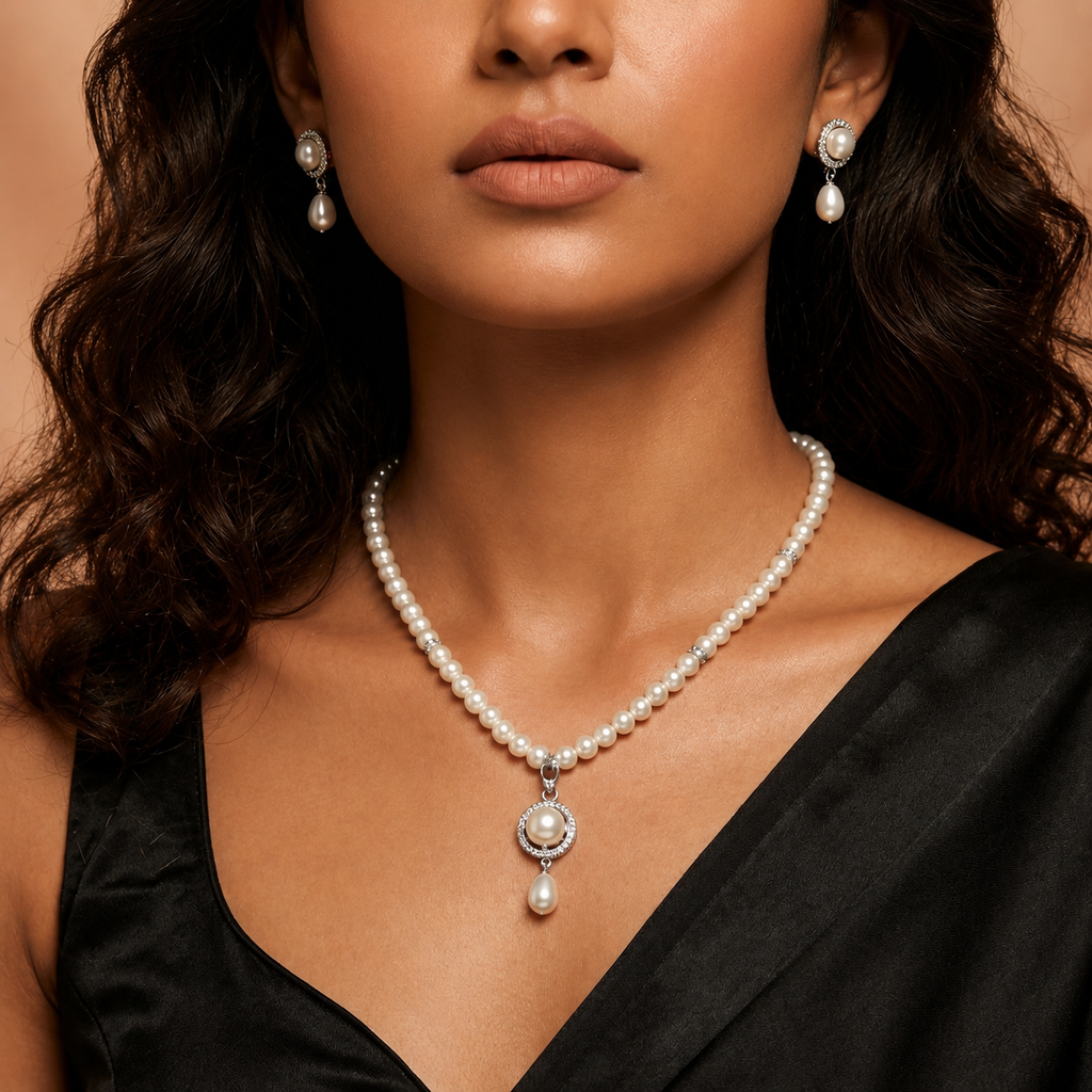 White Polish Freshwater Pearl & CZ Single Line With Designer Pipe Accent Necklace Set with Matching Earrings | Elegant Bridal & Party Wear Jewellery | Krishna Pearls & Jewellers