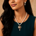 Prestige Freshwater Pearl & CZ Necklace Set with Matching Earrings | Bridal Pearl Necklace Set | Krishna Pearls & Jewellers