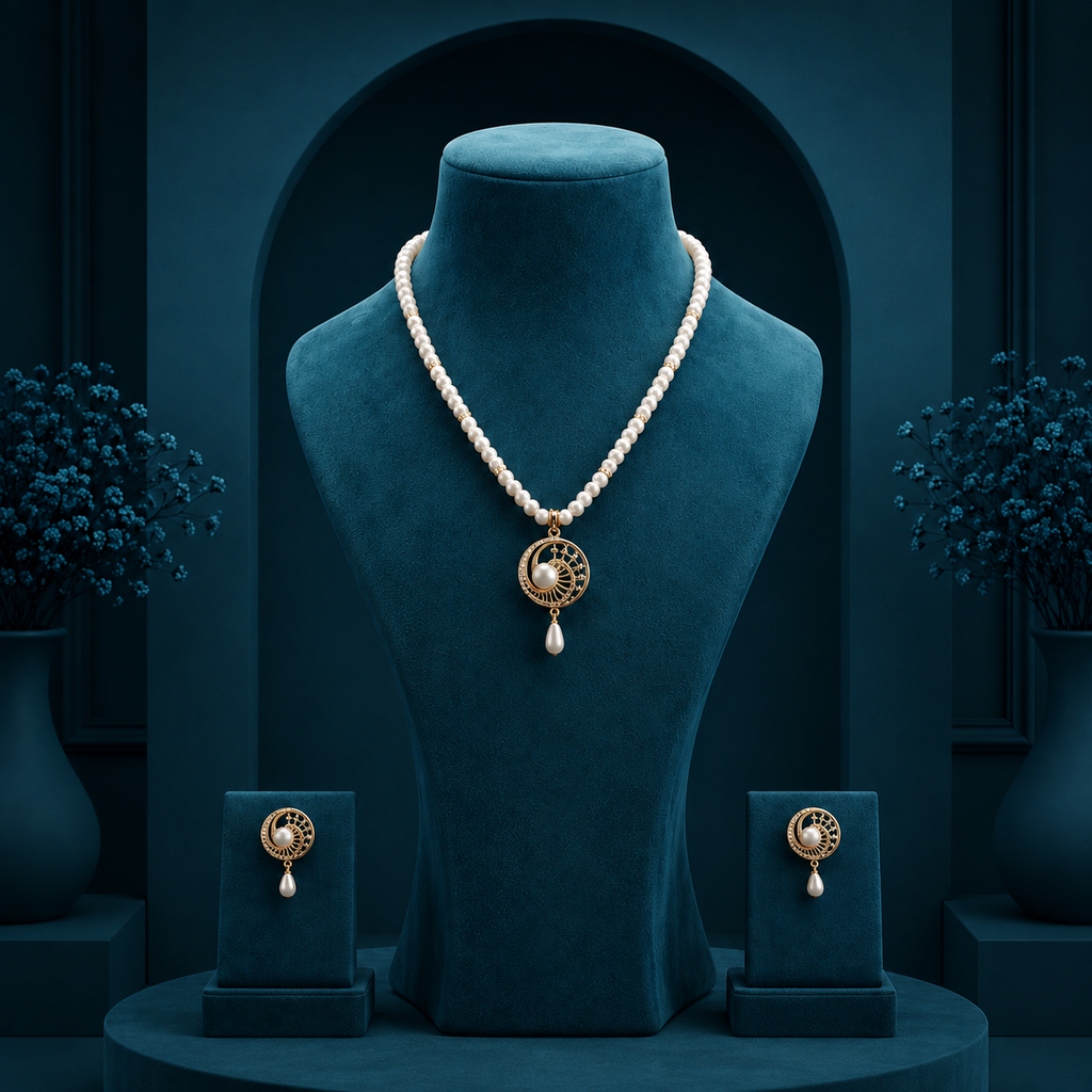 Prestige Freshwater Pearl & CZ Necklace Set with Matching Earrings | Bridal Pearl Necklace Set | Krishna Pearls & Jewellers