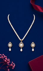 Classic White Pearl Necklace Set with CZ Teardrop Pendant & Matching Earrings | Elegant Bridal & Party Wear Jewellery Set