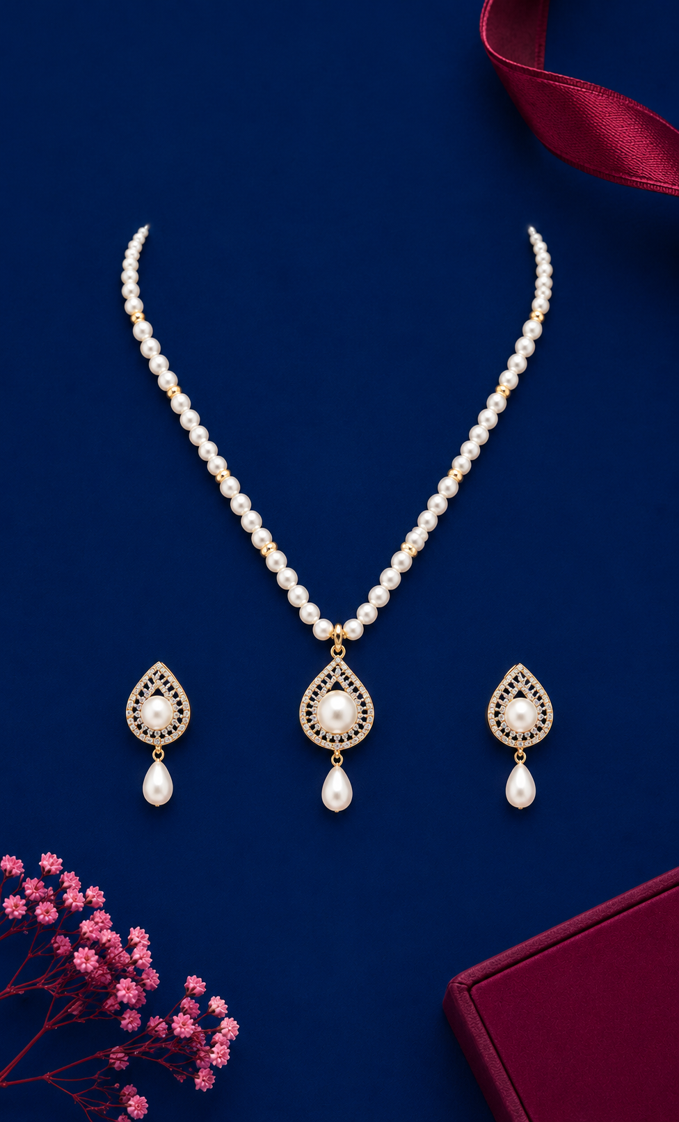Classic White Pearl Necklace Set with CZ Teardrop Pendant & Matching Earrings | Elegant Bridal & Party Wear Jewellery Set