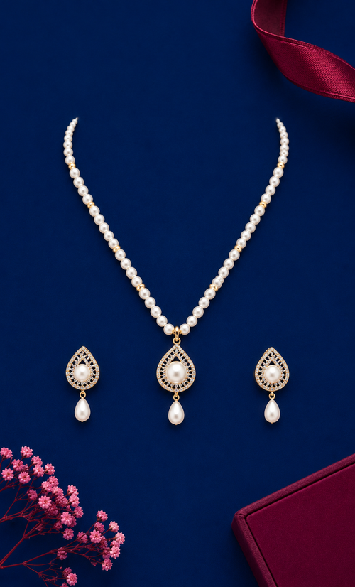Classic White Pearl Necklace Set with CZ Teardrop Pendant & Matching Earrings | Elegant Bridal & Party Wear Jewellery Set