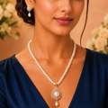 Classic White Pearl Necklace Set with CZ Teardrop Pendant & Matching Earrings | Elegant Bridal & Party Wear Jewellery Set