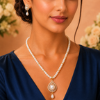 Classic White Pearl Necklace Set with CZ Teardrop Pendant & Matching Earrings | Elegant Bridal & Party Wear Jewellery Set