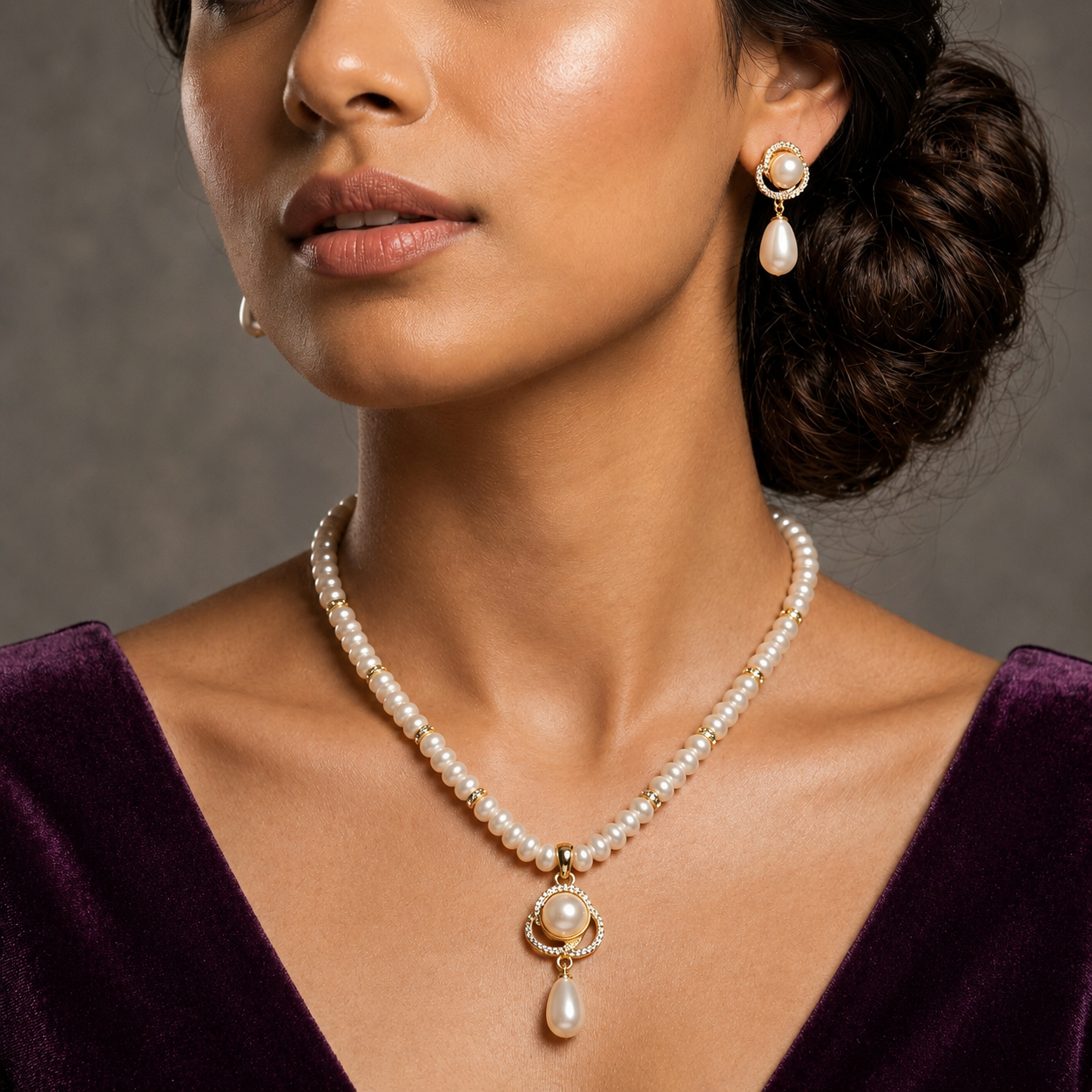 Sovereign Freshwater Pearl & CZ Necklace Set with Matching Earrings | Bridal Pearl Necklace Set | Krishna Pearls & Jewellers