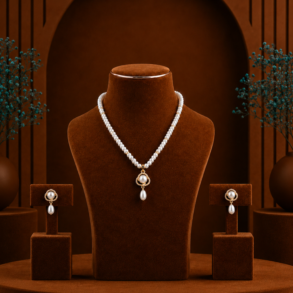 Sovereign Freshwater Pearl & CZ Necklace Set with Matching Earrings | Bridal Pearl Necklace Set | Krishna Pearls & Jewellers