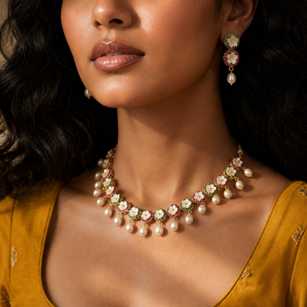 Yellow Gold Polish Freshwater Pearl with Multi Stone Necklace Set with Matching Earrings | Elegant Bridal & Party Wear Jewellery | Krishna Pearls & Jewellers