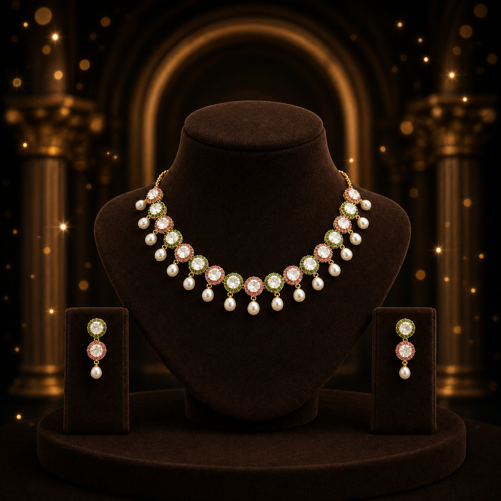 Yellow Gold Polish Freshwater Pearl with Multi Stone Necklace Set with Matching Earrings | Elegant Bridal & Party Wear Jewellery | Krishna Pearls & Jewellers