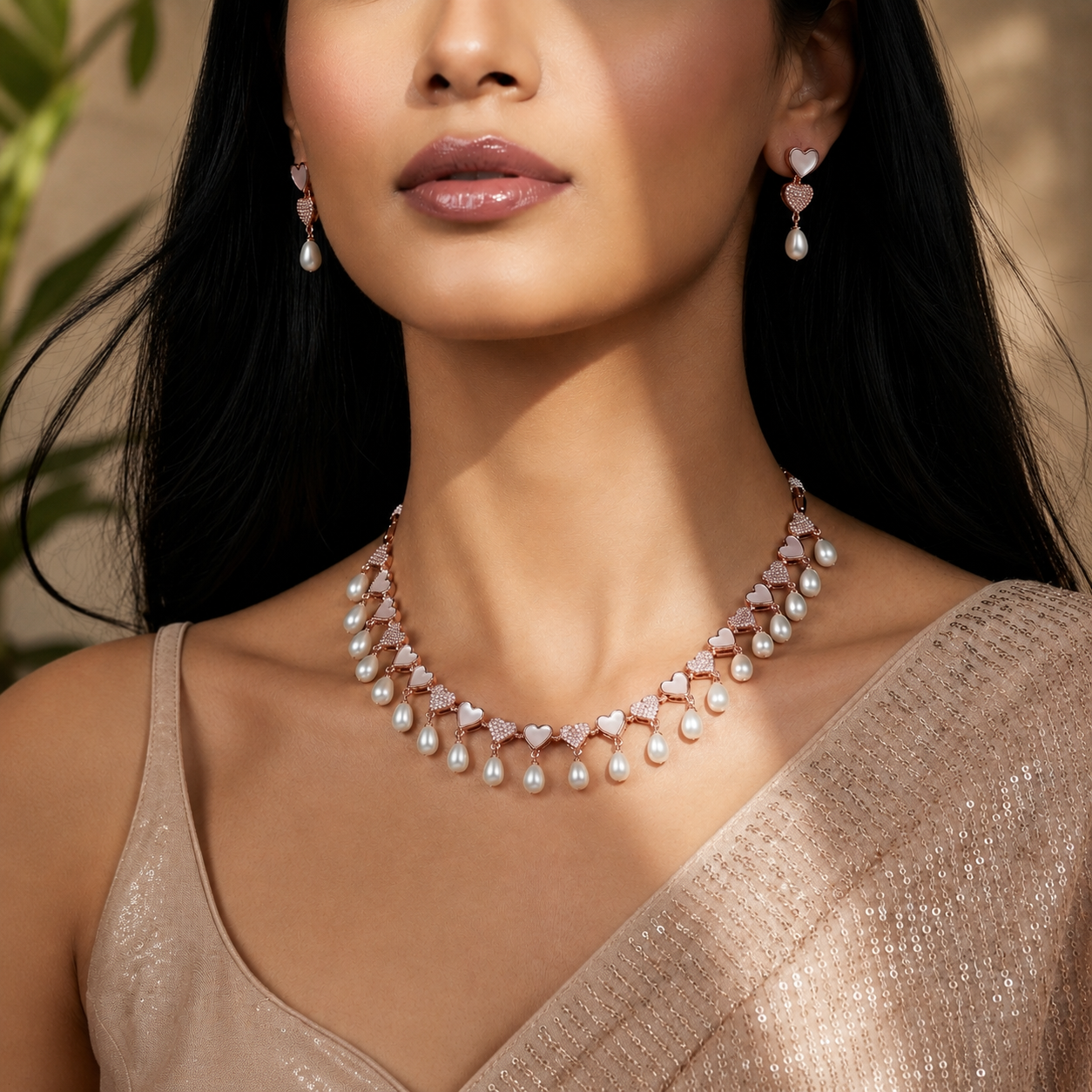 Yellow Gold Polish Mother of Pearl & CZ Necklace Set with Matching Earrings | Elegant Bridal & Party Wear Jewellery | Krishna Pearls & Jewellers