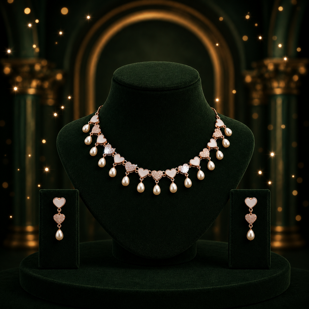 Yellow Gold Polish Mother of Pearl & CZ Necklace Set with Matching Earrings | Elegant Bridal & Party Wear Jewellery | Krishna Pearls & Jewellers