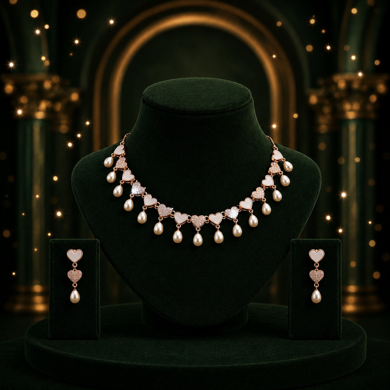 Yellow Gold Polish Mother of Pearl & CZ Necklace Set with Matching Earrings | Elegant Bridal & Party Wear Jewellery | Krishna Pearls & Jewellers