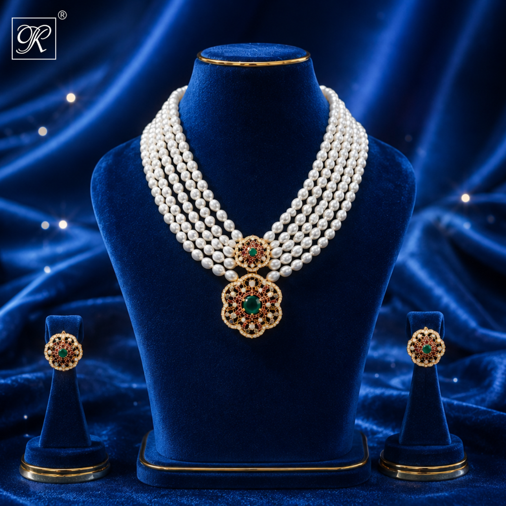 5-Strand White Rice Pearl Necklace Set with Gold Clasp