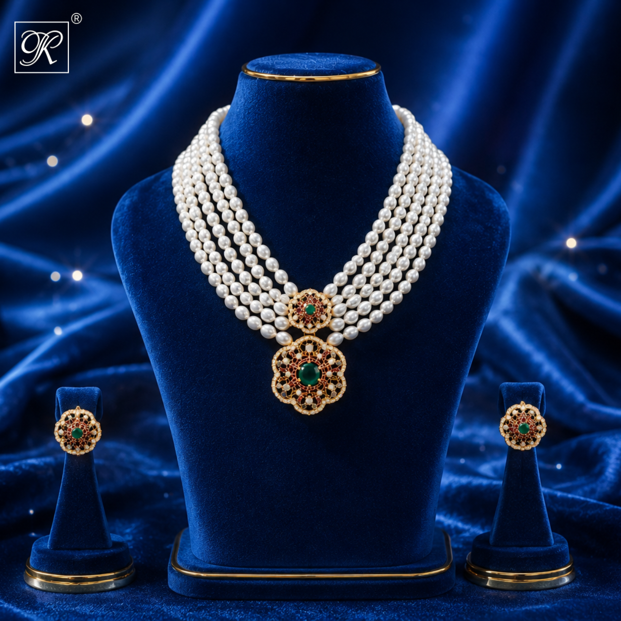 5-Strand White Rice Pearl Necklace Set with Gold Clasp
