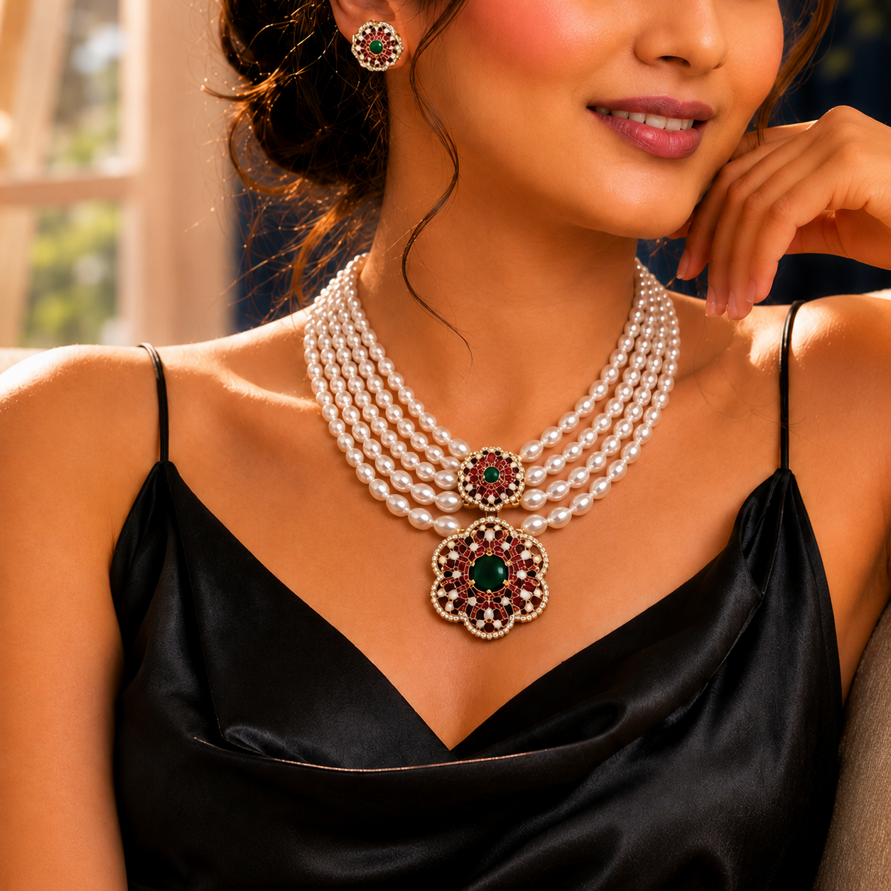 5-STRAND WHITE RICE PEARL NECKLACE SET WITH