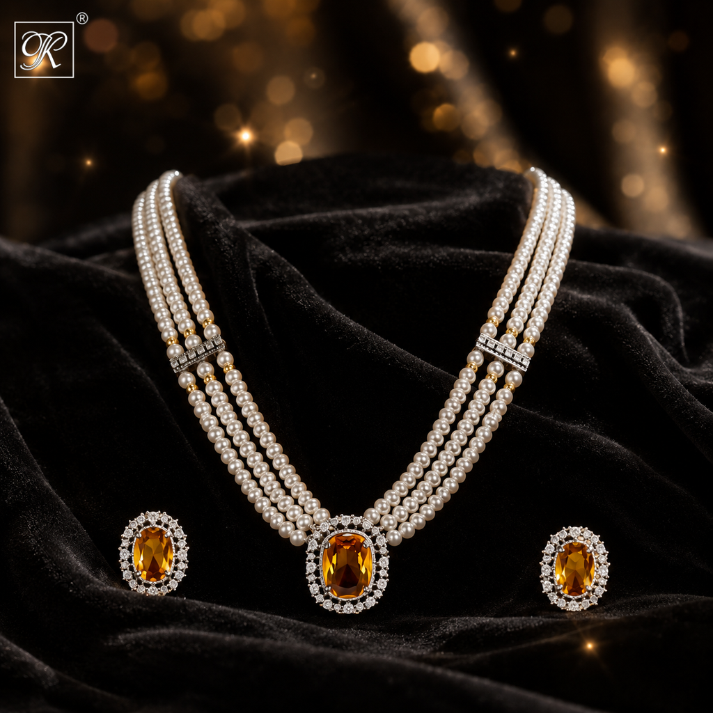 ROYAL AMBER 3-STRAND PEARL NECKLACE SET