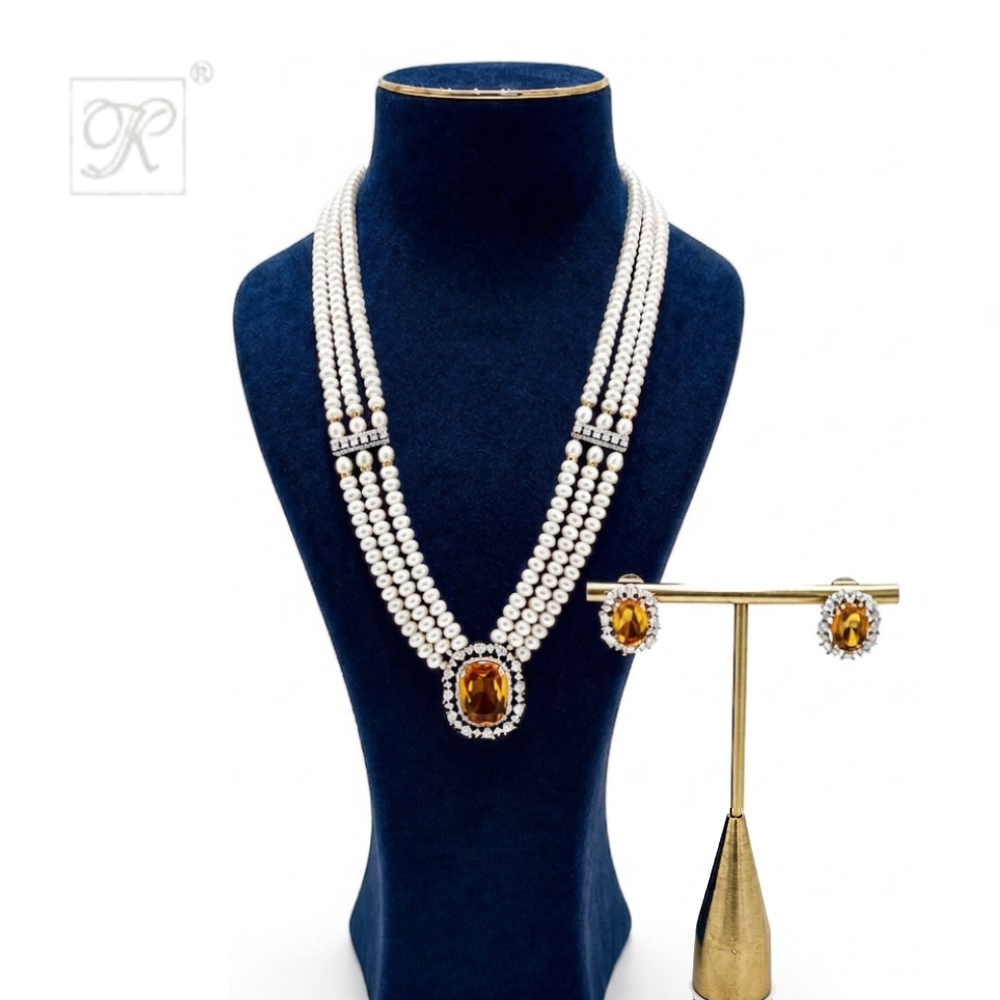 ROYAL AMBER 3-STRAND PEARL NECKLACE SET | Krishna Pearls and Jewellers