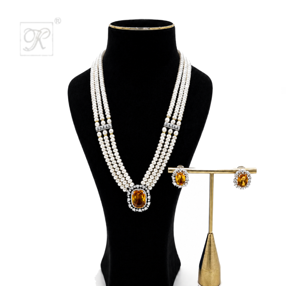 ROYAL AMBER 3-STRAND PEARL NECKLACE SET | Krishna Pearls and Jewellers
