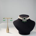 Freshwater Pearl Choker Set with Green Crystal Centerpiece Stone & Matching Earrings | Bridal Statement Pearl Jewellery