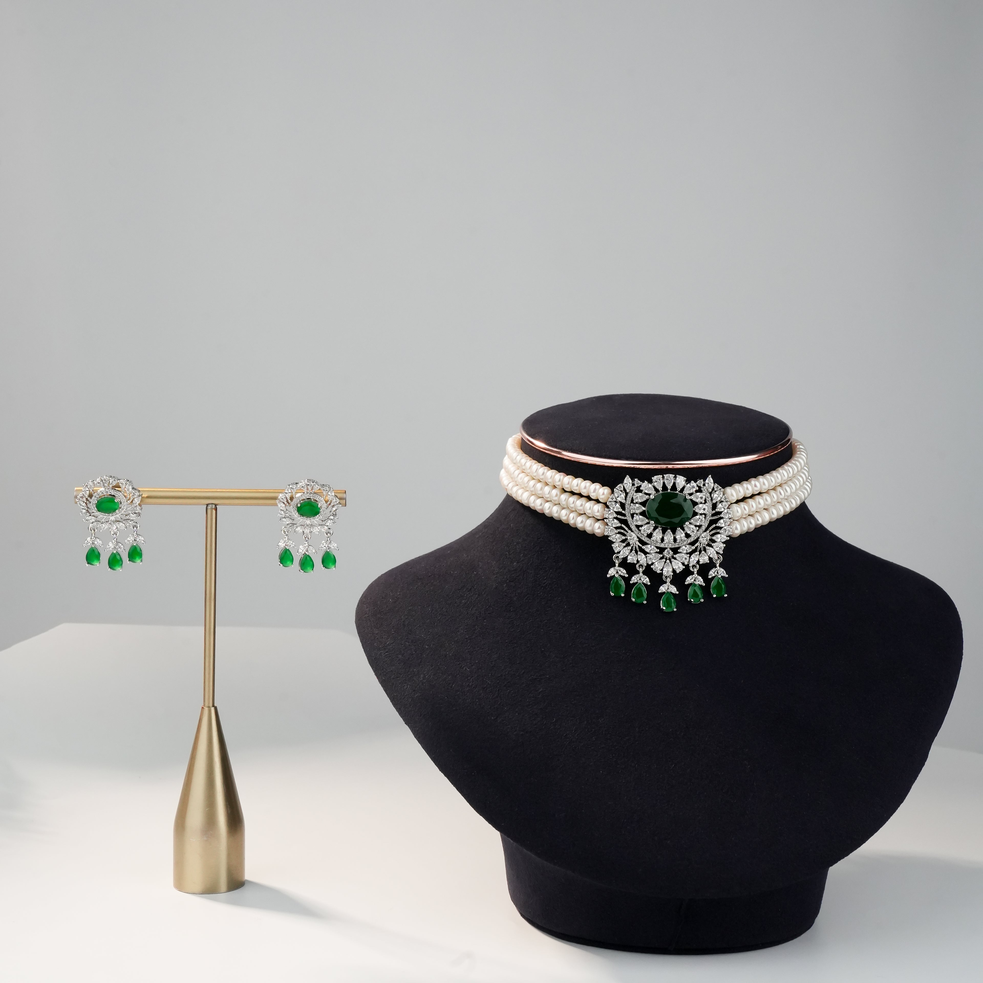 Freshwater Pearl Choker Set with Green Crystal Centerpiece Stone & Matching Earrings | Bridal Statement Pearl Jewellery