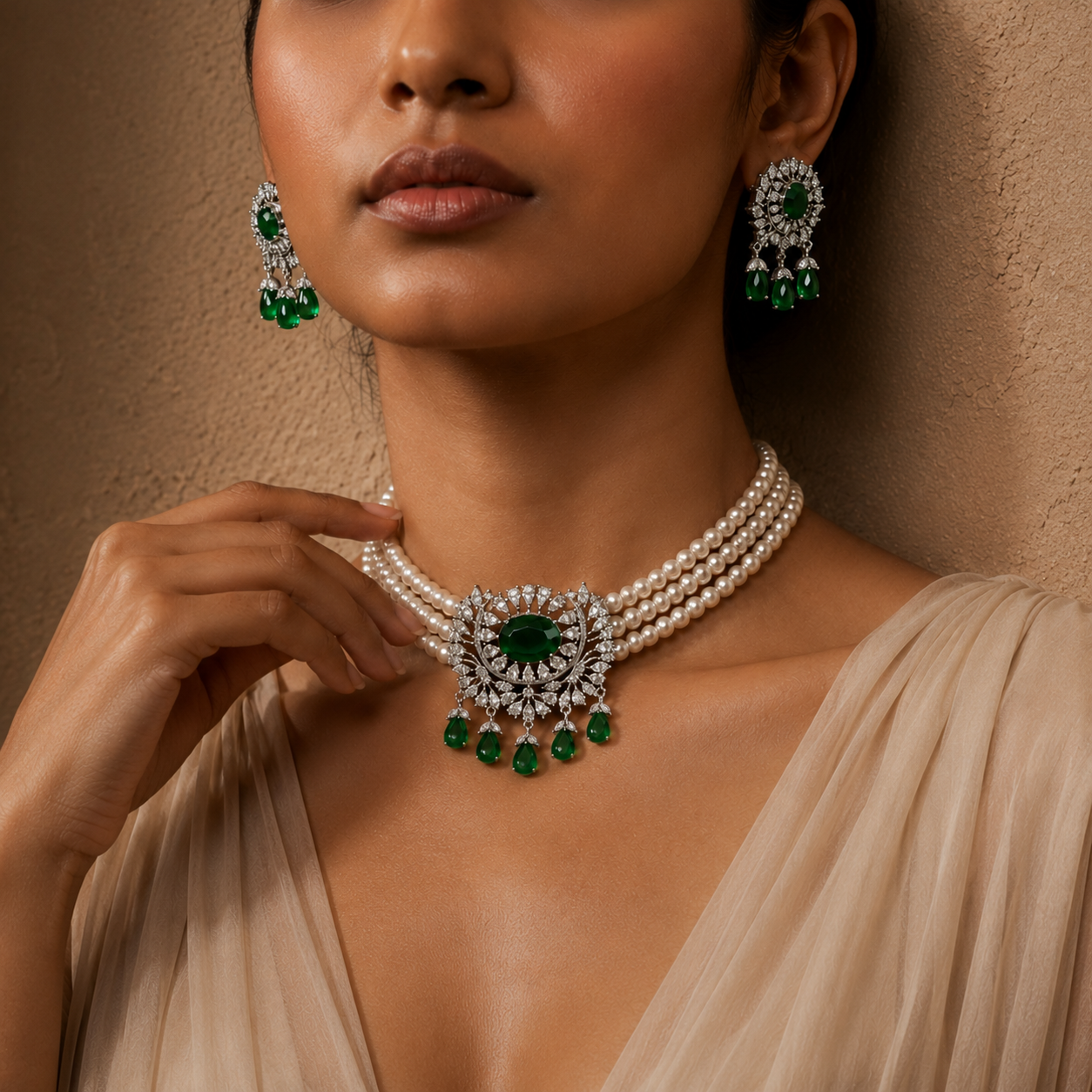 Freshwater Pearl Choker Set with Green Crystal Centerpiece Stone & Matching Earrings | Bridal Statement Pearl Jewellery