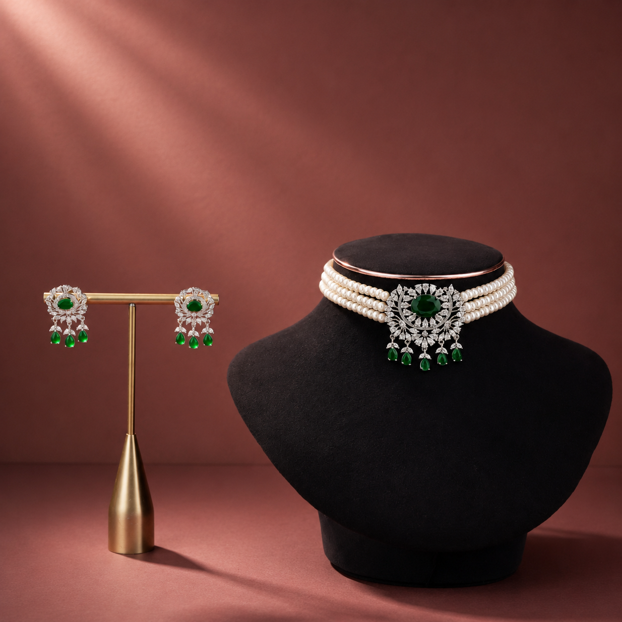 Freshwater Pearl Choker Set with Green Crystal Centerpiece Stone & Matching Earrings | Bridal Statement Pearl Jewellery