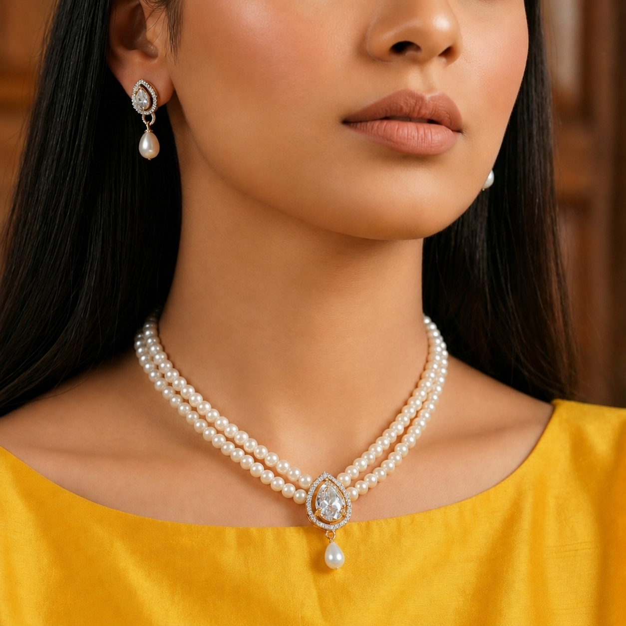 Freshwater Pearl Double Strand Necklace with Crystal Teardrop Pendant