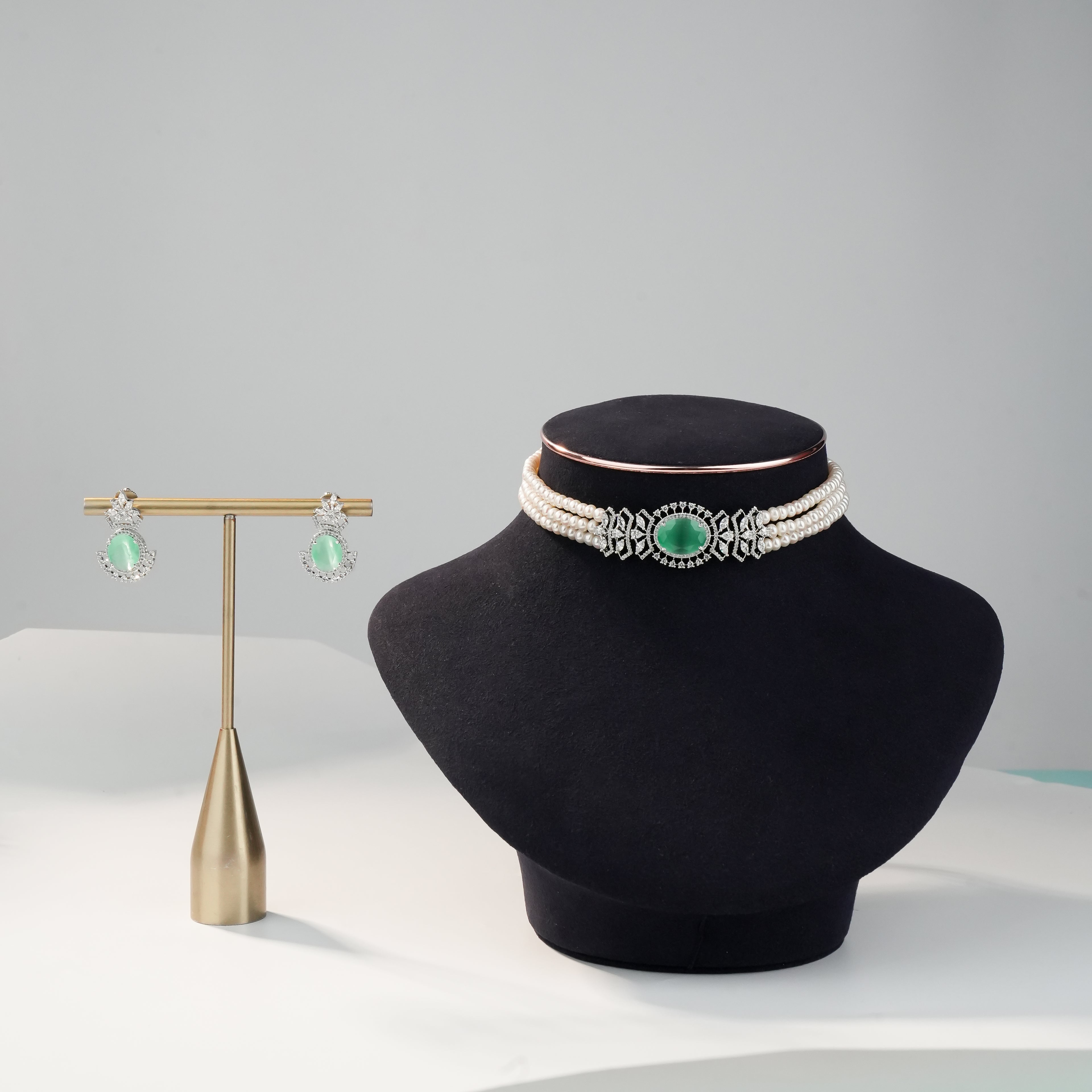Freshwater Pearl Choker Set with Mint Green Gemstone Centerpiece & Matching Earrings | Elegant Bridal Pearl Jewellery Set