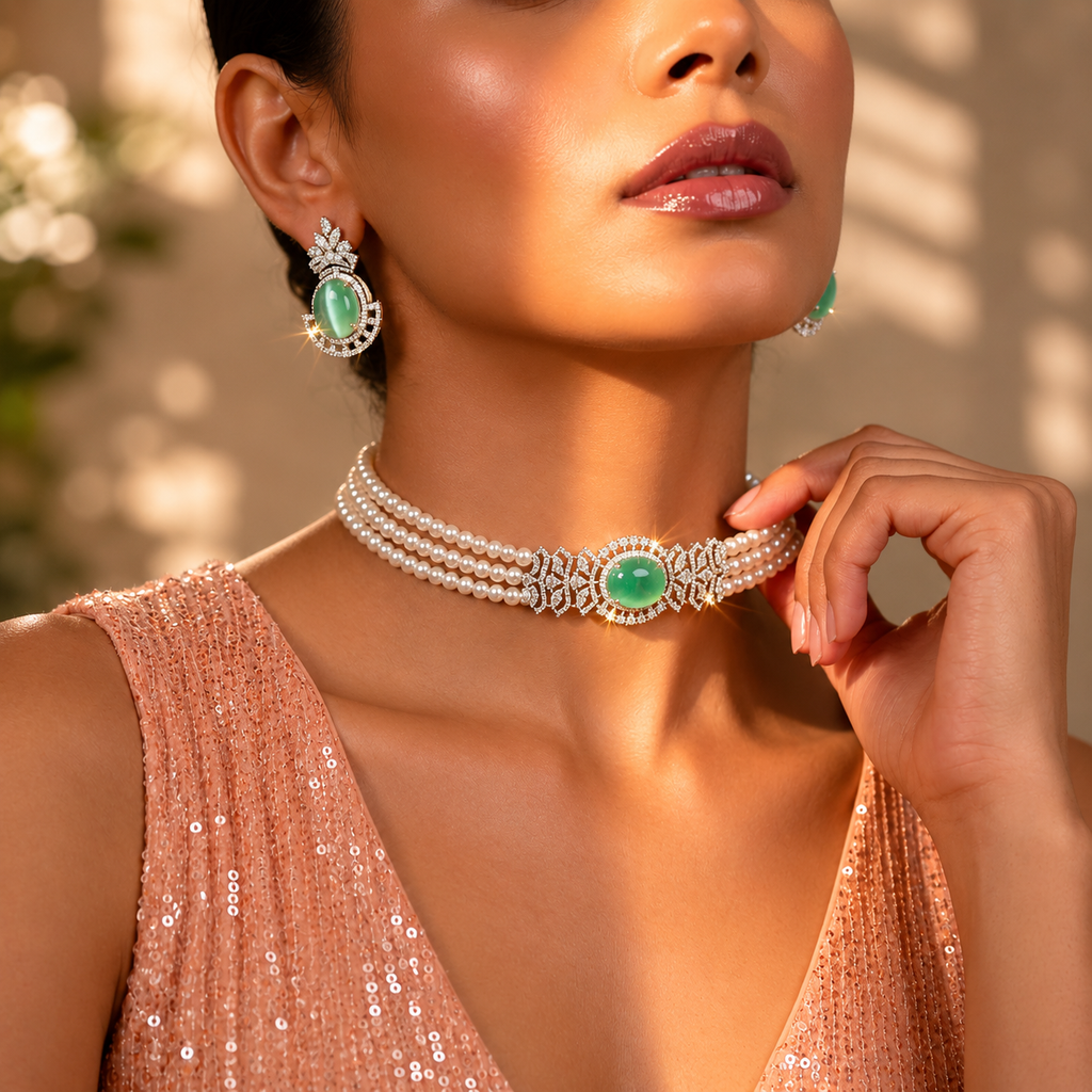 Freshwater Pearl Choker Set with Mint Green Gemstone Centerpiece & Matching Earrings | Elegant Bridal Pearl Jewellery Set