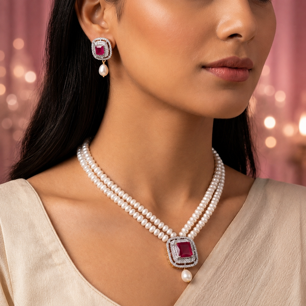 Double Strand Freshwater Pearl Necklace & Earrings Set