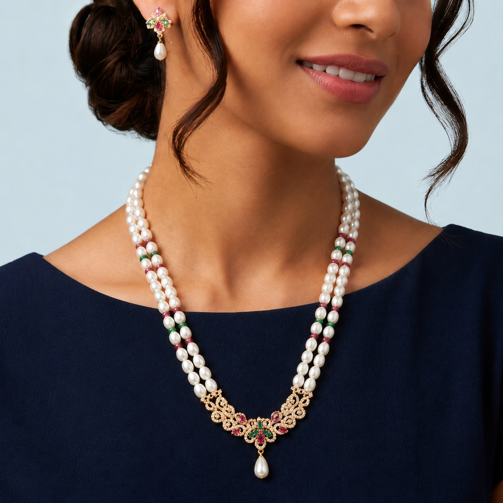 White Rice Pearl with Multi Stone Double Line Necklace Set with Matching Earrings (5-6 mm) | Elegant Bridal & Party Wear Jewellery | Krishna Pearls & Jewellers