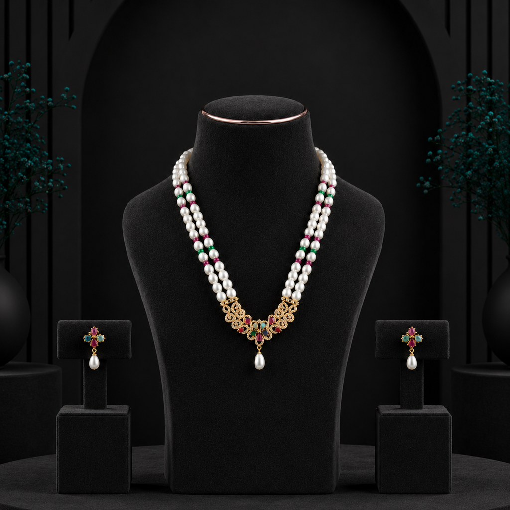 White Rice Pearl with Multi Stone Double Line Necklace Set with Matching Earrings (5-6 mm) | Elegant Bridal & Party Wear Jewellery | Krishna Pearls & Jewellers
