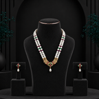 White Rice Pearl with Multi Stone Double Line Necklace Set with Matching Earrings (5-6 mm) | Elegant Bridal & Party Wear Jewellery | Krishna Pearls & Jewellers
