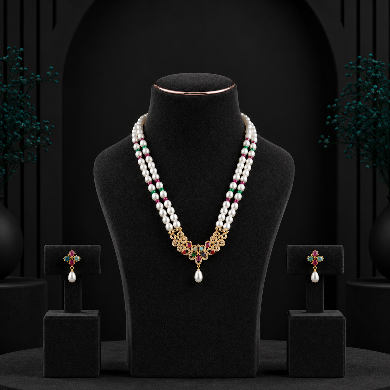 White Rice Pearl with Multi Stone Double Line Necklace Set with Matching Earrings (5-6 mm) | Elegant Bridal & Party Wear Jewellery | Krishna Pearls & Jewellers