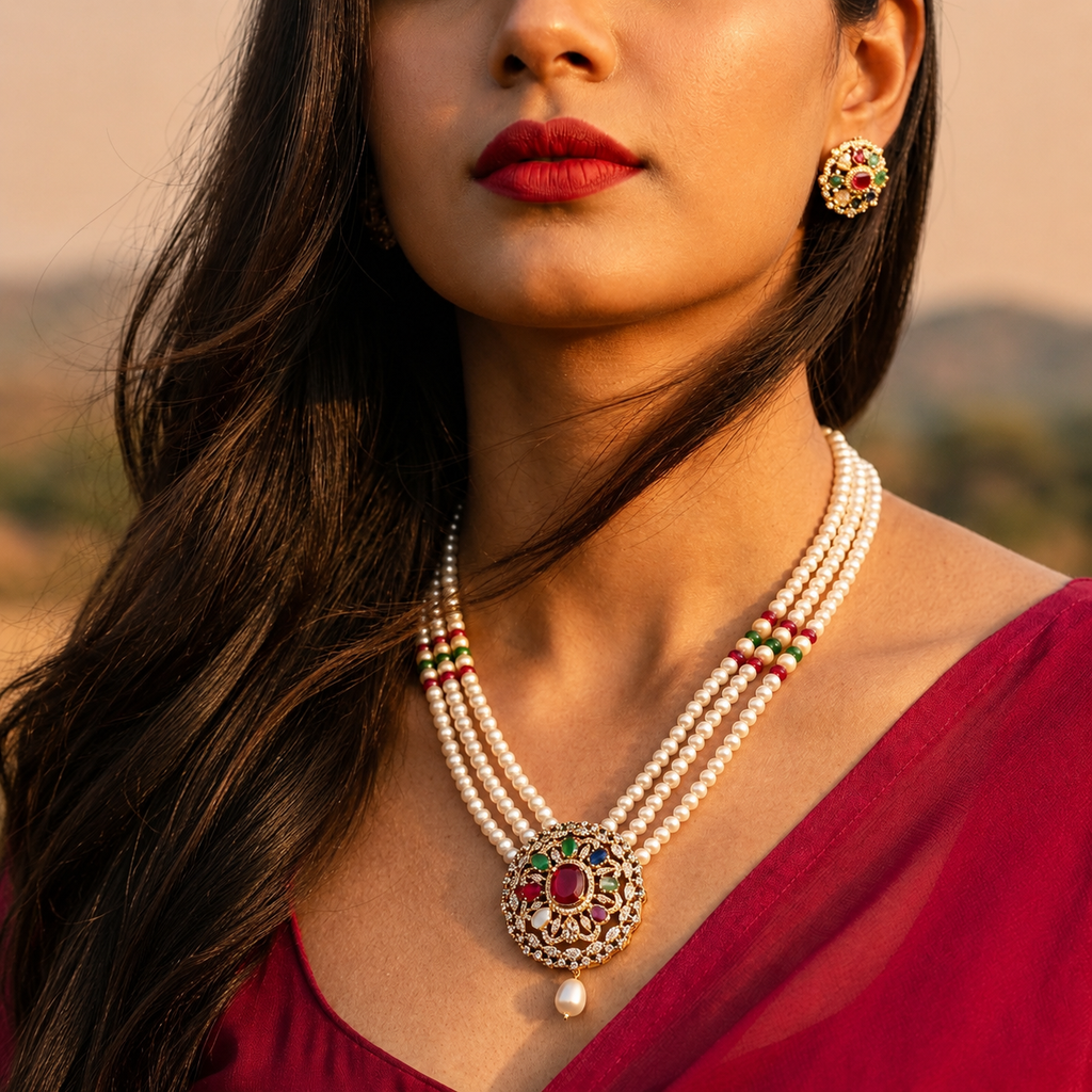 Prestige Freshwater Pearl with CZ & Multi Stone Necklace Set with Matching Earrings | Bridal Pearl Necklace Set | Krishna Pearls & Jewellers