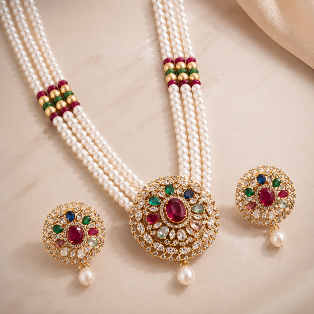 Prestige Freshwater Pearl with CZ & Multi Stone Necklace Set with Matching Earrings | Bridal Pearl Necklace Set | Krishna Pearls & Jewellers
