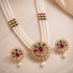 Prestige Freshwater Pearl with CZ & Multi Stone Necklace Set with Matching Earrings | Bridal Pearl Necklace Set | Krishna Pearls & Jewellers