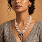 Sovereign Freshwater Pearl with CZ & Multi Stone Necklace Set with Matching Earrings | Bridal Pearl Necklace Set | Krishna Pearls & Jewellers