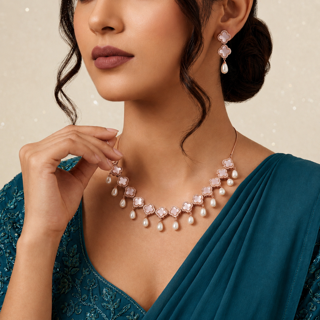Mastercraft Freshwater Pearl & CZ Necklace Set with Matching Earrings | Bridal Pearl Necklace Set | Krishna Pearls & Jewellers