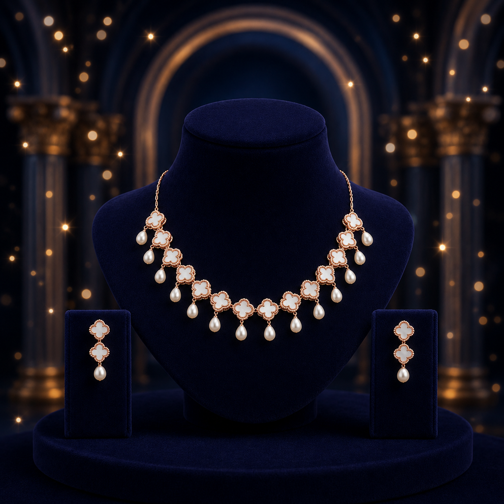 Mastercraft Freshwater Pearl & CZ Necklace Set with Matching Earrings | Bridal Pearl Necklace Set | Krishna Pearls & Jewellers