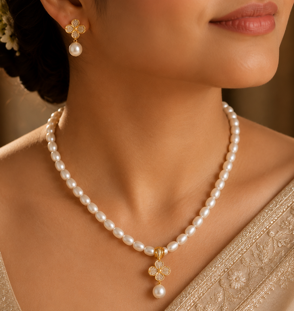 Elegant Pearl Necklace Set with Matching Earrings | Krishna Pearls and Jewellers