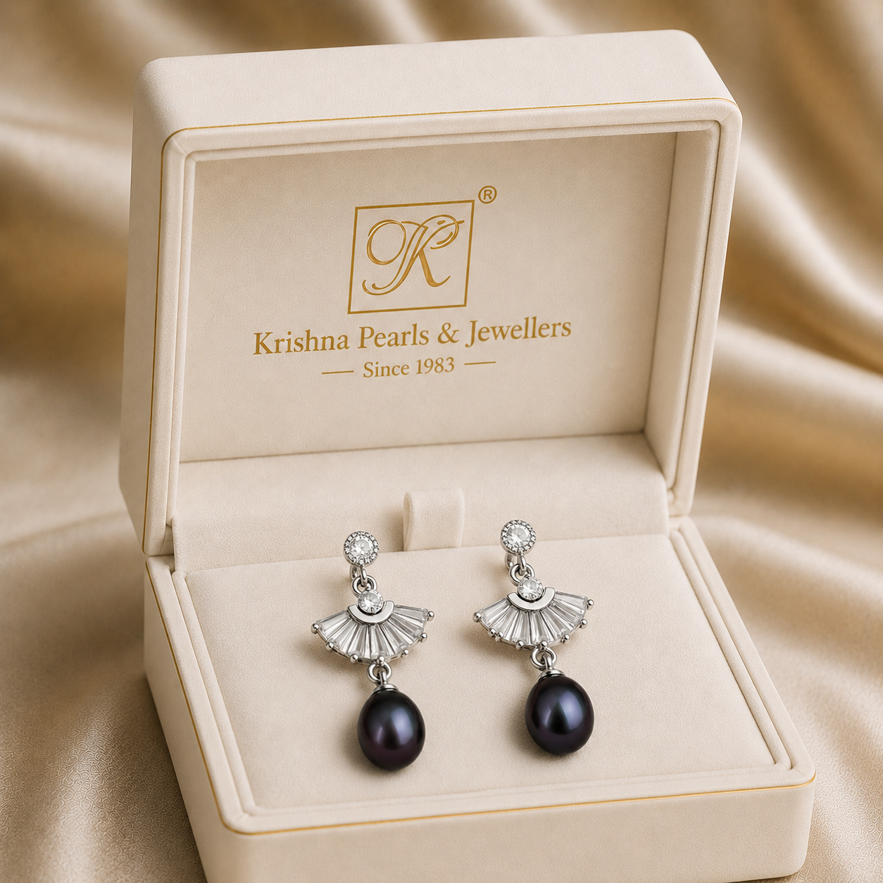 Black Pearl Drop Earrings with CZ | Krishna Pearls and Jewellers
