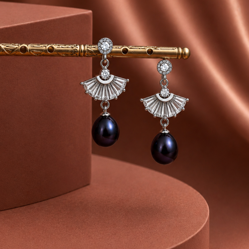 Black Pearl Drop Earrings with CZ | Krishna Pearls and Jewellers
