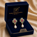 Yellow Gold Polish Freshwater Pearl with Multi Stone Hanging Drop Earrings in Gold | Pearl Earrings for Women | Krishna Pearls & Jewellers