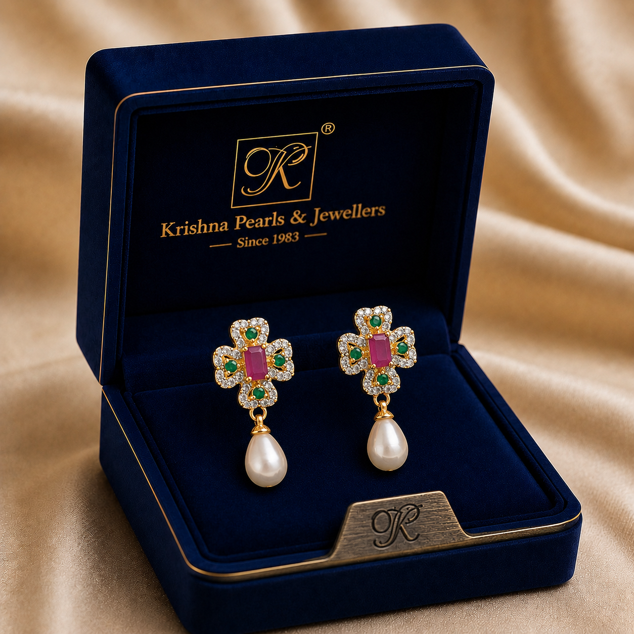 Yellow Gold Polish Freshwater Pearl with Multi Stone Hanging Drop Earrings in Gold | Pearl Earrings for Women | Krishna Pearls & Jewellers