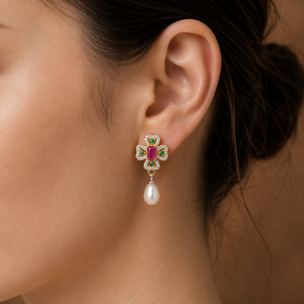 Yellow Gold Polish Freshwater Pearl with Multi Stone Hanging Drop Earrings in Gold | Pearl Earrings for Women | Krishna Pearls & Jewellers