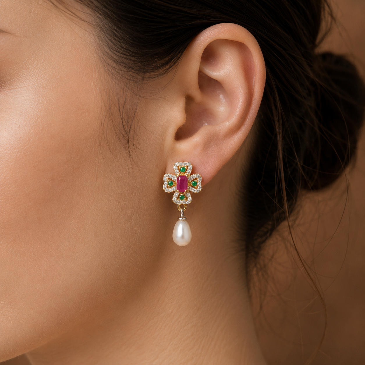 Yellow Gold Polish Freshwater Pearl with Multi Stone Hanging Drop Earrings in Gold | Pearl Earrings for Women | Krishna Pearls & Jewellers