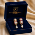 Yellow Gold Polish Freshwater Pearl with Pearl & Red Stone Hanging Drop Earrings in Gold | Pearl Earrings for Women | Krishna Pearls & Jewellers