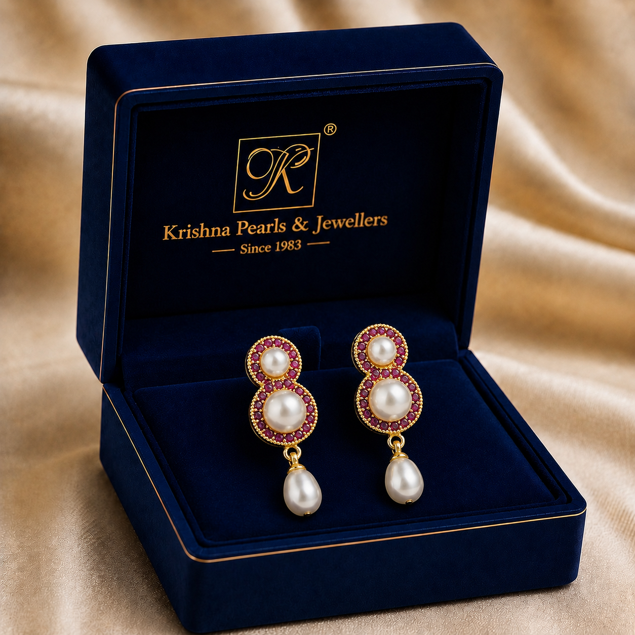 Yellow Gold Polish Freshwater Pearl with Pearl & Red Stone Hanging Drop Earrings in Gold | Pearl Earrings for Women | Krishna Pearls & Jewellers