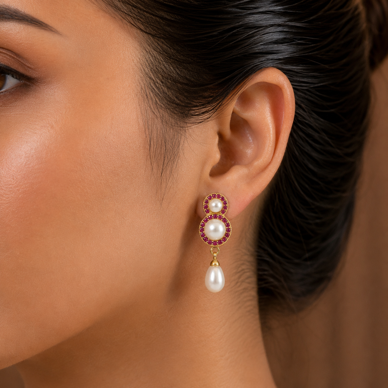 Yellow Gold Polish Freshwater Pearl with Pearl & Red Stone Hanging Drop Earrings in Gold | Pearl Earrings for Women | Krishna Pearls & Jewellers