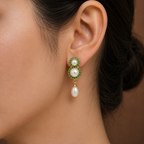 Yellow Gold Polish Mother of Pearl Hanging Drop Earrings in Gold | Pearl Earrings for Women | Krishna Pearls & Jewellers